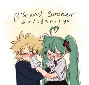  1boy 1girl ahoge blonde_hair blood blush closed_eyes coke-bottle_glasses collared_shirt confessions_of_a_rotten_girl_(vocaloid) cross_hair_ornament fujoshi gakuran glasses green_hair hair_ornament hatsune_miku heart heart_ahoge highres himedanshi holding holding_tissue kagamine_len long_hair m4ycrowave nosebleed plus_danshi_(vocaloid) school_uniform shirt short_sleeves sketch songover tissue_in_nose very_long_hair white_background white_shirt 