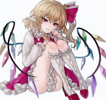 1girl ascot blonde_hair bow closed_mouth collared_shirt commentary double_bun fang fang_out fingernails flandre_scarlet frilled_shirt_collar frilled_skirt frills full_body hair_bow hair_bun highres kneehighs knees_to_chest kyogoku-uru long_sleeves looking_at_viewer one_side_up pointy_ears red_bow red_eyes red_shoes red_skirt red_vest sharp_fingernails shirt shoes skirt socks solo thighs touhou vest white_background white_shirt white_socks wings yellow_ascot rating:Sensitive score:9 user:danbooru