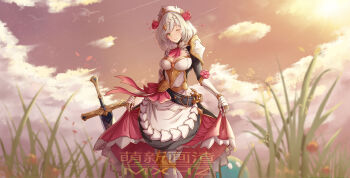 1girl absurdres apron armor armored_dress braid breasts claymore_(sword) clothes_lift cloud combat_maid dress dress_lift genshin_impact greatsword green_eyes highres holding_own_dress large_breasts maid maid_apron maid_headdress maozi_tutu monster noelle_(genshin_impact) one_eye_closed short_hair shoulder_armor sky slime_(creature) slime_(genshin_impact) smile solo sword weapon white_hair