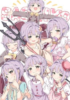  1girl :d ;p blush brown_eyes buttons character_name closed_eyes closed_mouth dot_nose double-breasted dress flower food grey_jacket hair_flower hair_intakes hair_ornament hand_up holding holding_food holding_ice_cream holding_polearm holding_weapon ice_cream idolmaster idolmaster_cinderella_girls jacket koshimizu_sachiko kuresuku_(lessons) looking_at_viewer multiple_views one_eye_closed open_mouth outstretched_arms pinafore_dress polearm purple_dress purple_hair shirt short_hair short_sleeves simple_background sleeveless sleeveless_dress smile spread_arms sweat tongue tongue_out trident weapon white_background white_shirt 