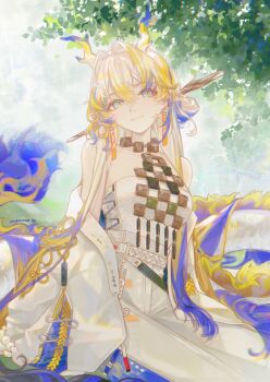  1girl absurdres arknights bare_shoulders blonde_hair blue_hair blue_horns closed_mouth commentary dragon_girl dragon_horns dragon_tail earrings eastern_dragon_horns hair_between_eyes highres horns jacket jewelry long_hair looking_at_viewer multicolored_hair multicolored_horns neema_(oneemasan) off_shoulder open_clothes open_jacket pants pointy_ears shirt shu_(arknights) sleeveless sleeveless_shirt solo tail two-tone_horns white_hair white_jacket white_pants white_shirt yellow_horns 