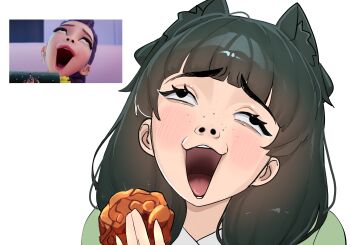  1girl absurdres blush eternalchan food green_hair highres holding holding_food kpop_demon_hunters kusuriya_no_hitorigoto long_hair looking_up maomao_(kusuriya_no_hitorigoto) meme open_mouth rumi_(kpop_demon_hunters) rumi_sniffing_kimbap_(meme) solo 