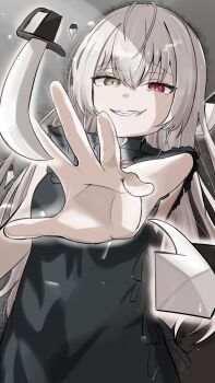  1girl 2025 breasts commentary_request dead_ma'am's_chest_(houshou_marine) dottora green_eyes heterochromia highres hololive houshou_marine looking_at_viewer medium_breasts red_eyes simple_background smile solo sword virtual_youtuber weapon white_hair 