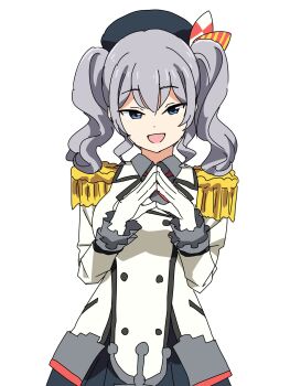  1girl baasaku_(balasaku24) beret black_hat blue_eyes commentary epaulettes gloves hat highres kantai_collection kashima_(kancolle) long_sleeves looking_at_viewer military military_uniform open_mouth sidelocks simple_background skirt solo steepled_fingers twintails wavy_hair white_background white_gloves 