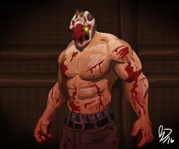  1boy 2016 bare_shoulders belt blood blood_on_arm blood_on_face blood_on_hands brown_background brown_hair highres jamesdrawslewdthings mask namco rick_(splatterhouse) shorts solo solo_focus splatterhouse underwear yellow_eyes 