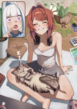  2girls :3 :o ^_^ absurdres ahoge ange_katrina ange_katrina_(loungewear) animal animal_on_lap arm_support bare_arms bare_legs bare_shoulders barefoot blue_hair blush breasts camisole cat cat_on_lap child's_drawing closed_eyes clueless commentary_request crayon crayon_drawing creature cushion doidamon drawing_(action) drawing_(object) facing_viewer front-tie_shorts full_body graffiti grey_cat grey_shorts grin hair_bun hair_intakes hair_ornament hairclip headphones headphones_around_neck highres holding holding_crayon indian_style indoors lize_helesta mandragora mandragora_(ange_katrina) medium_hair midriff_peek multicolored_hair multiple_girls nijisanji nose_bubble on_lap pointing purple_eyes red_hair shorts single_hair_bun sitting sleeping_animal small_breasts smile streaked_hair sweatdrop two-tone_hair virtual_youtuber white_camisole white_hair wide-eyed wooden_floor zzz 