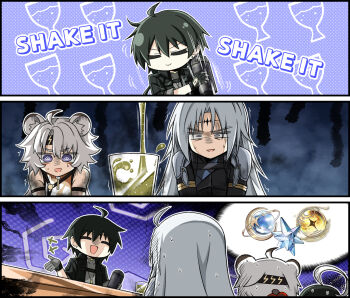  1girl 3boys angry bartender black_headband calcharo_(wuthering_waves) closed_eyes cocktail_shaker commentary_request headband highres holding holding_cocktail_shaker jianxin_(wuthering_waves) korean_commentary lingyang_(wuthering_waves) male_rover_(wuthering_waves) multiple_boys open_mouth pouring purple_eyes rover_(wuthering_waves) smile sweatdrop tacet_mark_(wuthering_waves) windy_(jazz9207) wuthering_waves 