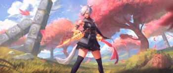  1girl animal_ears artist_name belt bird black_gloves black_skirt black_thighhighs blue_sky blurry blurry_foreground brown_belt closed_mouth cloud cloudy_sky collared_jacket commentary commission day elbow_gloves english_commentary facial_mark falling_leaves feet_out_of_frame final_fantasy final_fantasy_xiv fingerless_gloves gloves grass hair_over_one_eye highres hill holding holding_sword holding_weapon jacket leaf lips looking_to_the_side miqo'te nature nose original outdoors paul_nong pleated_skirt purple_eyes purple_sweater ruins short_hair signature single_bare_shoulder single_elbow_glove single_fingerless_glove skirt sky sleeveless sleeveless_jacket sleeveless_sweater slit_pupils smile solo standing sweater sword thighhighs too_many too_many_birds weapon white_hair white_tail 