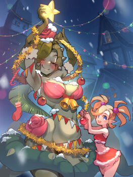  2girls arms_up bell blonde_hair blue_eyes blush candy candy_cane censored_clitoris christmas christmas_lights christmas_tree_costume closed_eyes colored_skin curvy decorations eye_visible_through_hair flower food green_hair green_skin highres leaf leaf_on_head life_is_pi multiple_girls navel night nude open_mouth outdoors plant plink_(shantae) pointy_ears red_skirt red_tank_top rose santa_costume shantae_(series) shantae_and_the_seven_sirens sidelocks skirt sky smile snow snowing star_(symbol) tank_top thorns town twintails vines water_lily_siren wayforward 