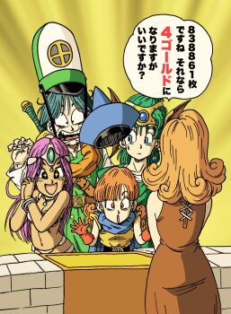  2boys 3girls alena_(dq4) bikini black_eyes blue_cape blue_eyes blue_hair blue_hat bracelet breasts brown_dress cape cleavage clift commentary_request curly_hair dragon_quest dragon_quest_iv dress earrings gloves green_hair green_hat happy hat hero_(dq4) highres jewelry lee_(dragon_garou) long_hair manya_(dq4) medium_breasts multiple_boys multiple_girls official_style orange_eyes orange_gloves orange_hair own_hands_clasped own_hands_together purple_hair single_earring slime_(dragon_quest) surprised swimsuit sword sword_on_back translation_request weapon weapon_on_back white_bikini 