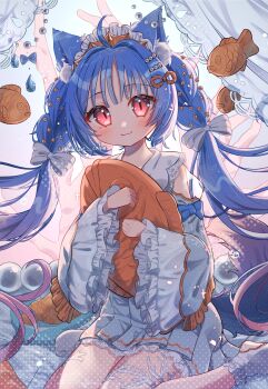  1girl :3 ahoge animal_ear_fluff animal_ears blue_hair blue_shirt blue_skirt blush bow cat_ears cat_girl closed_mouth commentary food frilled_sleeves frills hair_bow highres holding long_hair long_sleeves looking_at_viewer original pleated_skirt red_eyes shirt sitting skirt slit_pupils smile solo symbol-only_commentary taiyaki tsukumi_bis twintails wagashi wariza white_bow wide_sleeves 
