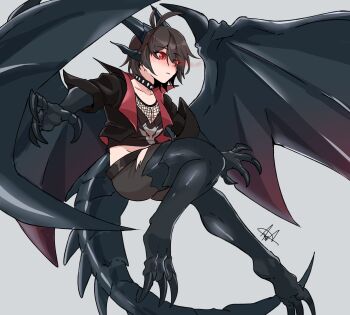  a.c._hunter absurdres animal_ears animal_hands antenna_hair black_collar black_hair black_jacket black_shirt black_shorts blush closed_mouth collar collarbone commentary commission cropped_jacket cropped_shirt crossed_bangs double-parted_bangs dragon_claw dragon_ears dragon_horns dragon_print dragon_tail dragon_wings duel_monster english_commentary fishnet_top fishnets gender_request grey_background hair_between_eyes highres horns jacket light_frown midriff navel nose_blush personification red-eyes_black_dragon red_eyes red_jacket shirt short_hair shorts signature simple_background sitting solo spiked_collar spikes tail torn_clothes torn_shorts two-sided_fabric two-sided_jacket wings yu-gi-oh! 