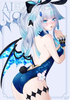  1girl animal_ears ass backless_leotard blue_eyes blue_hair blue_leotard blue_wings blush cerydra_(honkai:_star_rail) commentary_request highres honkai:_star_rail honkai_(series) leotard long_hair playboy_bunny ponytail rabbit_ears rabbit_tail tail tearing_up twitter_username u7_u7u wings wrist_cuffs 