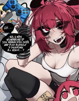  1girl ace_glitch akita_neru arm_warmers armpits black_arm_warmers black_thighhighs breasts burnout_(series) burnout_3:_takedown character_doll cleavage commentary controller doll drill_hair dualshock english_commentary english_text fangs game_controller half-closed_eye highres holding holding_controller holding_game_controller kasane_teto looking_at_viewer medium_breasts medium_hair open_mouth pearto playstation_controller red_eyes red_hair single_thighhigh solo speech_bubble striped_arm_warmers talking tank_top thighhighs twin_drills uneven_eyes utau vocaloid white_tank_top 