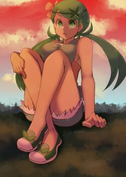1girl bare_shoulders breasts dark-skinned_female dark_skin dawn flower grass green_eyes green_hair hair_flower hair_ornament large_breasts long_hair mallow_(pokemon) mochi_(g_mochi) nintendo overall_shorts overalls pokemon pokemon_sm shoes shorts sitting sleeveless very_long_hair