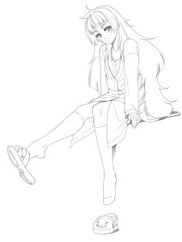 1girl asymmetrical_footwear blunt_bangs blush commentary_request dress eibon fingernails full_body hiyajou_maho jacket_over_dress kneehighs long_hair looking_at_viewer messy_hair mismatched_footwear monochrome science_adventure shoes simple_background sitting smile socks solo steins;gate steins;gate_0 unworn_shoes very_long_hair white_background