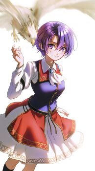 1girl 1other absurdres ascot bird breasts brooch clothes_lift eiyuu_densetsu falcon hair_between_eyes highres jewelry kloe_rinz long_sleeves madou_zakura medium_breasts parted_bangs purple_eyes purple_hair short_hair simple_background skirt skirt_lift smile sora_no_kiseki upper_body white_ascot white_background