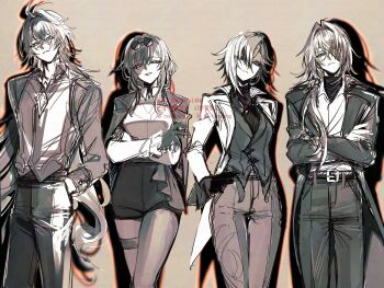 2boys 2girls alternate_costume anaxa_(honkai:_star_rail) antenna_hair arlecchino_(genshin_impact) belt belt_buckle breasts brown_background buckle closed_mouth coat collared_shirt colored_extremities commentary_request company_connection crossed_arms crossed_bangs crossover drop_shadow expressionless eyepatch eyes_visible_through_hair eyewear_on_head flins_(genshin_impact) frilled_sleeves frills genshin_impact gloves greyscale_with_colored_background hair_between_eyes hair_intakes hair_over_one_eye hair_over_shoulder half-closed_eyes hand_in_pocket hand_on_own_hip high-waist_shorts highres honkai:_star_rail honkai_(series) jacket jacket_on_shoulders kafka_(honkai:_star_rail) lapels long_hair long_hair_between_eyes long_sleeves looking_at_viewer low_side_ponytail medium_breasts mihoyo multicolored_hair multiple_boys multiple_girls no_coat no_pupils notched_lapels ojo_aa one_eye_covered open_clothes open_coat pants pantyhose parted_lips round_eyewear shirt short_hair short_shorts shorts sidelocks simple_background single_sidelock smirk standing straight-on streaked_hair sunglasses symbol-shaped_pupils tailcoat thigh_strap turtleneck turtleneck_shirt two-tone_hair undershirt very_long_hair x-shaped_pupils