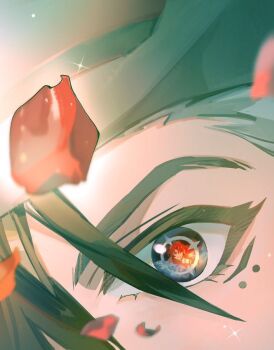 2boys aerosmith51992 argenti_(honkai:_star_rail) black_hair boothill_(honkai:_star_rail) close-up commentary cowboy_hat english_commentary eye_focus eye_reflection eyelashes facial_mark falling_petals grey_eyes hat honkai:_star_rail honkai_(series) long_hair male_focus multiple_boys petals red_hair reflection