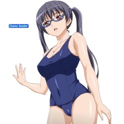 Rule 34 | 10s, 1girl, black hair, breasts, cameltoe, cleavage, covered navel, eroge! h mo game mo kaihatsu zanmai, glasses, kosaka iori, large breasts, legs, looking at viewer, one-piece swimsuit, open mouth, school swimsuit, semi-rimless eyewear, solo, swimsuit, thighs, twintails, under-rim eyewear