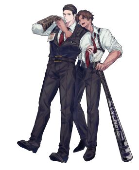 2boys arm_around_neck baseball_bat belt belt_buckle black_belt black_hair black_pants black_shoes black_vest brown_hair buckle chest_harness closed_mouth collared_shirt commentary_request facial_scar full_body hair_slicked_back harness heathcliff_(project_moon) highres holding holding_necktie limbus_company male_focus meursault_(project_moon) multiple_boys necktie open_mouth pants project_moon red_necktie scar scar_on_cheek scar_on_face shirt shirt_tucked_in shoes sideways_glance simple_background smile veins veiny_arms vest white_background white_shirt yellowm26912712