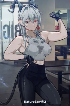 1girl absurdres alternate_costume artist_name bare_shoulders black_gloves black_horns black_pants black_tail breasts closed_mouth collarbone commentary crop_top curled_horns english_commentary fingerless_gloves flexing gloves grey_hair gym hair_between_eyes hand_on_own_hip high-waist_pants highres horns indoors long_hair looking_at_viewer medium_breasts midriff_peek pants red_eyes ryeon_(naturesan) shirt sleeveless sleeveless_shirt smile solo toned toned_female wuthering_waves yoga_pants zani_(wuthering_waves)