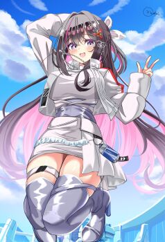 Rule 34 | 1girl, alternate costume, azki (hololive), black hair, blush, boots, colored inner hair, commentary request, cropped jacket, high heel boots, high heels, highres, hololive, inokeiwd, jacket, long hair, looking at viewer, mole, mole under eye, multicolored hair, open mouth, pink hair, pink streaks, purple eyes, shirt, skirt, smile, solo, streaked hair, thigh boots, thigh strap, thighhighs, v, very long hair, virtual youtuber, white boots, white jacket, white shirt, white skirt, white streaks, white thighhighs