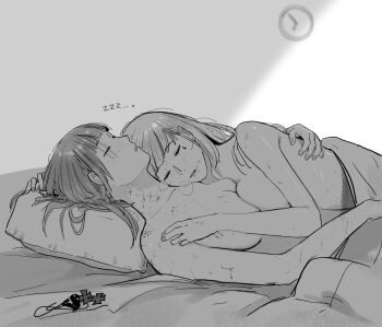 1futa 1girl aftersex bite_mark blush breasts bruise bruise_on_face clock commentary_request completely_nude cuddling eyepatch futa_with_female futanari girls&#039;_frontline greyscale hair_ornament highres hk416_(girls&#039;_frontline) huqu injury korean_text long_hair lying m16a1_(girls&#039;_frontline) monochrome nude on_back on_side parted_lips pillow scar scar_across_eye scar_on_face sleeping under_covers unworn_eyepatch unworn_hair_ornament wall_clock yuri zzz