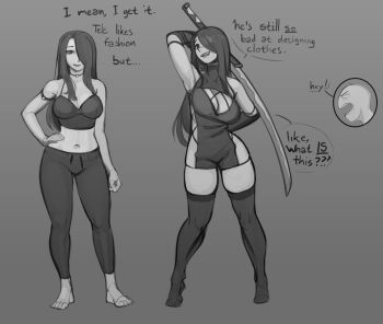 1boy 1girl :d alternate_costume arm_behind_back arm_strap armpits arms_behind_head arms_up artist_self-insert artist_self-reference bare_arms bare_shoulders barefoot breasts choker cleavage cleavage_cutout clothing_cutout collarbone crop_top elbow_gloves english_text gloves gradient_background grey_background hair_over_one_eye hand_up head_tilt highres holding holding_sword holding_weapon insult katana large_breasts long_hair looking_at_viewer midriff monochrome navel nila_(telepurte) no_shoes open_mouth original pants short_jumpsuit smile solo_focus speech_bubble sweatpants swept_bangs sword tank_top telepurte thighhighs toes weapon