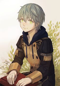 1boy ashe_ubert book closed_mouth commentary_request fire_emblem fire_emblem:_three_houses freckles green_eyes grey_hair highres hood long_sleeves male_focus nintendo rokuo016 short_hair simple_background sitting smile solo white_background