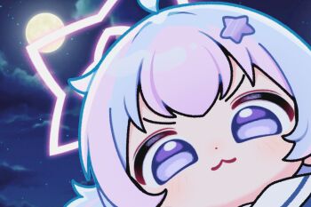 Rule 34 | 1girl, :3, ahoge, blue archive, blue eyes, blue hair, blush, chibi, chibi only, closed mouth, cloud, commentary request, dot nose, full moon, hair ornament, halo, korean commentary, looking at viewer, moon, multicolored hair, night, purple hair, reisa (blue archive), sky, smile, solo, star (sky), star (symbol), star hair ornament, star halo, starry sky, two-tone hair, tyjang