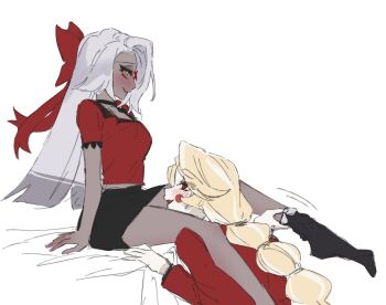 2girls between_legs black_skirt black_socks blonde_hair blush bow braid charlie_morningstar commentary_request danji_bang dark-skinned_female dark_skin fang hair_bow hazbin_hotel hellaverse highres jacket korean_commentary long_hair looking_at_another multiple_girls open_mouth parted_lips red_bow red_eyes red_jacket red_shirt shirt simple_background single_braid sitting skirt smile sock_pull socks vaggie white_background white_hair yuri