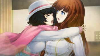 Rule 34 | 2girls, black hair, blue eyes, blue skirt, bow, breasts, closed eyes, collared shirt, crying, game cg, glomp, happy tears, hat, high-waist skirt, highres, hug, huke, impossible clothes, large breasts, long hair, long sleeves, medium hair, multiple girls, official art, open mouth, pink bow, pink sash, red hair, red scarf, ringed eyes, sash, scarf, science adventure, shiina kagari, shiina mayuri, shirt, skirt, steins;gate, steins;gate 0, surprised, tears, tongue, waist bow, waist sash, white shirt, winter clothes, yellow trim