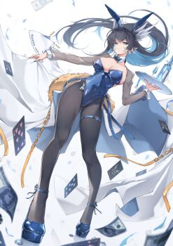 Rule 34 | animal ear hairband, animal ears, black eyes, black pantyhose, blue bow, blue bowtie, blue eyes, blue hair, blue leotard, blue shoes, bottle, bow, bowtie, card, coat, colored inner hair, commentary, detached collar, dutch angle, english commentary, fake animal ears, grey shrug, hairband, highres, leotard, money, multicolored hair, original, pantyhose, playboy bunny, playing card, rabbit ears, rabbit tail, see through shrug, seven of hearts, shoes, shrug (clothing), strapless, strapless leotard, tail, tray, white coat, wrist cuffs, yue ying jin feng
