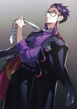 1boy belt black-framed_eyewear black_coat black_pants clenched_teeth coat collared_shirt commentary_request corbeau_(pokemon) glasses grey_background hand_up highres hua_(supa_jopa) male_focus nintendo open_clothes open_coat pants pixiv_id pokemon pokemon_legends:_z-a purple_belt purple_shirt round_eyewear shirt short_hair solo teeth twitter_username watermark yellow_eyes