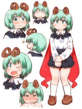 1girl :3 antennae black_cape black_shorts blush breath brown_shoes cape closed_mouth collared_shirt commentary_request drooling green_eyes green_hair highres loafers long_sleeves looking_at_viewer matty_(zuwzi) multiple_expressions multiple_views one_eye_closed open_mouth red_cape shirt shoes shorts simple_background smile socks sweat touhou two-sided_cape two-sided_fabric white_background white_shirt white_socks wriggle_nightbug