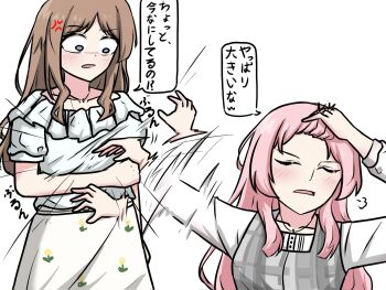 Rule 34 | 2girls, bang dream!, bang dream! it's mygo!!!!!, blue eyes, blush, breasts, brown hair, chihaya anon, closed eyes, commentary request, highres, jewelry, large breasts, light blush, long hair, long sleeves, meme, multiple girls, nagasaki soyo, naoya hitting choso without looking (meme), pendant, pink hair, short sleeves, skirt, slapping, ssami, yuri