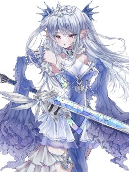 Rule 34 | 1girl, absurdres, breasts, collarbone, detached sleeves, duel monster, fins, grey hair, hair between eyes, hair ornament, head fins, highres, holding, holding sword, holding weapon, lock, long hair, looking at viewer, medium breasts, p9v9o, pelvic curtain, pink eyes, simple background, skirt, sleeves past fingers, sleeves past wrists, solo, sword, tearlaments scheiren, very long hair, weapon, white background, white skirt, white tiara, yu-gi-oh!