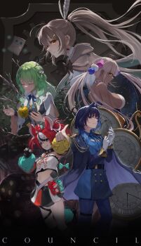5girls adjusting_clothes adjusting_gloves aiguillette animal_ears apple black_streaks blonde_hair blue_coat blue_eyes blue_hair blue_jacket blue_necktie bluehead_white_dragon braid braided_sidelock breasts brown_eyes brown_hair ceres_fauna ceres_fauna_(1st_costume) cloak clock closed_eyes coat coat_on_shoulders crop_top crop_top_overhang dark-skinned_female dark_skin dice earrings feather_hair_ornament feathers floating_hair food friend_(nanashi_mumei) fruit gloves golden_apple green_hair hair_between_eyes hair_intakes hair_ornament hairclip hakos_baelz hakos_baelz_(1st_costume) high_ponytail highres holocouncil hololive hololive_english hood hooded_cloak horns jacket jewelry large_breasts limiter_(tsukumo_sana) long_hair looking_at_viewer mouse_ears multicolored_hair multicolored_skirt multiple_girls nanashi_mumei nanashi_mumei_(1st_costume) navel necktie official_alternate_costume ouro_kronii ouro_kronii_(4th_costume) pleated_skirt ponytail red_hair sideboob sidelocks skirt streaked_hair thigh_strap tree_horns tsukumo_sana tsukumo_sana_(1st_costume) twintails very_long_hair virtual_youtuber wavy_hair white_gloves white_streaks wolf_cut yatagarasu_(tsukumo_sana) yellow_eyes