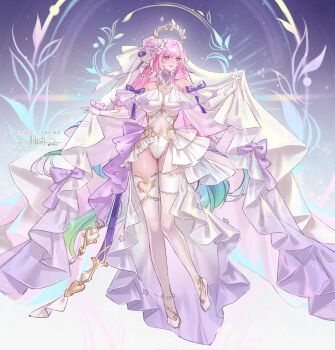1girl alternate_costume aqua_hair bridal_veil commentary cyrene_(honkai:_star_rail) cyrene_(ripples_of_past_reverie)_(honkai:_star_rail) elbow_gloves english_commentary full_body gloves halo high_heels highres honkai:_star_rail honkai_(series) leotard long_hair multicolored_hair pink_hair princess_ailish purple_eyes smile solo thighhighs thighs veil very_long_hair white_gloves white_hair white_leotard white_thighhighs
