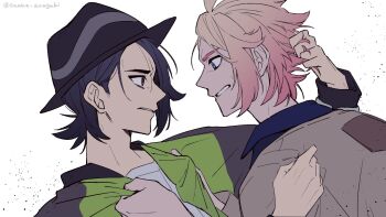 Rule 34 | 2boys, angry, black hair, black hat, blue eyes, blue shirt, brown eyes, clenched teeth, clothes grab, coat, collared shirt, commentary request, eye contact, grabbing another's hair, grey coat, hat, highres, holding another's hair, jacket, looking at another, male focus, multicolored jacket, multiple boys, nintendo, parted lips, paxton (pokemon), pink hair, pokemon, pokemon legends: z-a, sanae-aragaki, shirt, short hair, teeth, twitter username, two-tone jacket, urbain (pokemon), white shirt