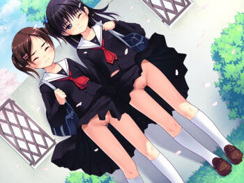 2girls bag black_hair black_skirt blush brown_footwear brown_hair cherry_blossoms cleft_of_venus closed_eyes clothes_lift cloud dutch_angle game_cg hair_bobbles hair_ornament hairclip kneehighs kurayama_aya kurayama_saya legs loafers loli long_hair meishoujo multiple_girls necktie no_panties nonohara_miki one_side_up petals pleated_skirt purple_eyes pussy pussy_juice sailor_collar school_uniform serafuku shoes short_hair short_twintails skirt skirt_lift sky socks standing tanuki-soft tears thigh_gap thighs twintails uncensored white_legwear wince wind wind_lift
