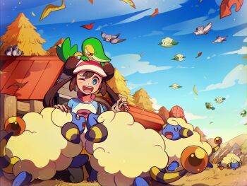 1girl bird blue_eyes blue_sky bright_pupils brown_hair cloud commentary_request cottonee donut_hair_bun double_bun fence floating flying gen_2_pokemon gen_5_pokemon hair_bun highres korean_commentary long_hair mareep nintendo one_eye_closed open_mouth pidove pokemon pokemon_(creature) pokemon_bw2 rosa_(pokemon) selyg15 sheep sky smile snivy tail teeth upper_teeth_only visor_cap white_pupils wooden_fence wool