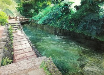 bridge bush commentary grass harusa1107 highres moss nature original outdoors overgrown painting_(medium) plant railing ripples river stairs symbol-only_commentary tile_floor tiles traditional_media vines water weeds