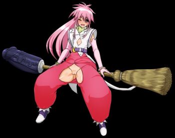 1girl arche_klein bottomless broom cleft_of_venus clothing_cutout cutout dildo flashing happy huge_dildo long_hair looking_at_viewer no_panties pink.s pink_hair ponytail presenting presenting_pussy pussy pussy_cutout revealing_clothes sex_toy smile solo tales_of_(series) tales_of_phantasia witch