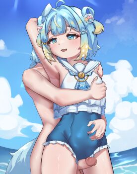 1boy 1girl absurdres belly blue_eyes blue_hair blush blush_stickers cloud cloudy_sky commission erection fish_hair_ornament frills hair_ornament hand_on_another&#039;s_chest highres jahe_png multicolored_hair navel ocean open_mouth penis penny_puffball re:loop! sex short_hair sky solo swimsuit tail virtual_youtuber water x_hair_ornament