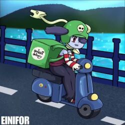 1girl animated backpack bag blue_hair blue_skin colored_skin detached_collar detached_sleeves dress einifor fence full_body hair_over_one_eye helmet lake leviathan_(skullgirls) motor_vehicle mountain outdoors red_eyes road scooter side_ponytail sitting skullgirls solo squigly_(skullgirls) striped_sleeves video water zombie