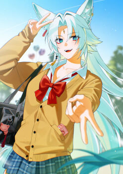 1girl :d alternate_costume bag bechu blue_sky bow buttons character_charm charm_(object) commentary drink_carton earrings eyeliner fangs feixiao_(honkai:_star_rail) fluff fox_girl gradient_hair green_eyes high_ponytail highres honkai:_star_rail honkai_(series) jewelry jiaoqiu_(honkai:_star_rail) juice_box long_hair makeup moze_(honkai:_star_rail) multicolored_hair open_mouth outdoors ponytail red_eyeliner school_bag school_uniform shirt skirt sky smile sweater symbol-only_commentary tassel teeth tree upper_teeth_only v very_long_hair white_hair