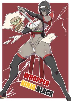 1girl black_hair black_hairband black_thighhighs breasts brown_eyes burger cheese cleavage commentary_request corrupted_twitter_file covered_clitoris dark-skinned_female dark_skin detached_sleeves food forehead_protector goru_(glty07) hairband highleg highleg_panties highres holding holding_sword holding_weapon large_breasts lettuce navel ninja original panties personification puckered_lips reverse_grip sandals sheath sideboob sword thighhighs tomato underwear v-shaped_eyebrows wakizashi weapon