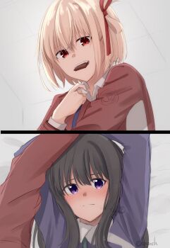 2girls black_hair blonde_hair blush chocolate closed_mouth commentary_request dress hair_ribbon highres inoue_takina kage_ochi long_sleeves lycoris_recoil lycoris_uniform mouth_hold multiple_girls nishikigi_chisato pinned purple_dress purple_eyes red_dress red_eyes red_ribbon ribbon short_hair sweatdrop yuri